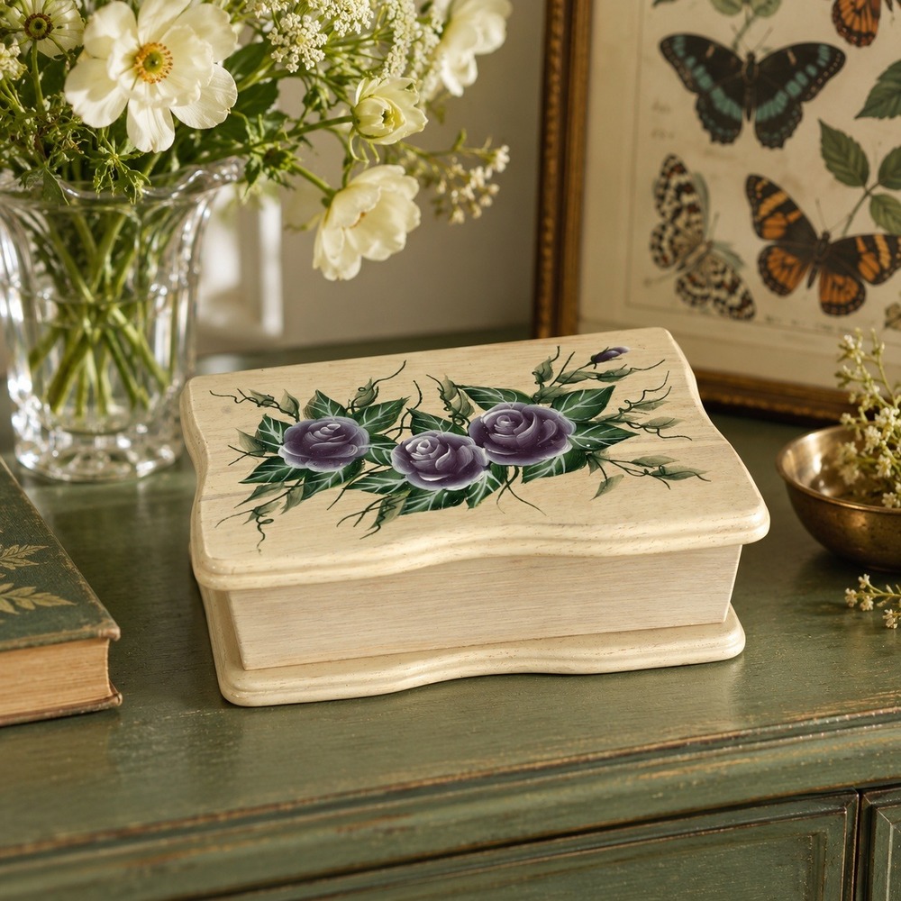 Vintage Rose-Painted Keepsake Box, Cream Floral Jewelry Storage